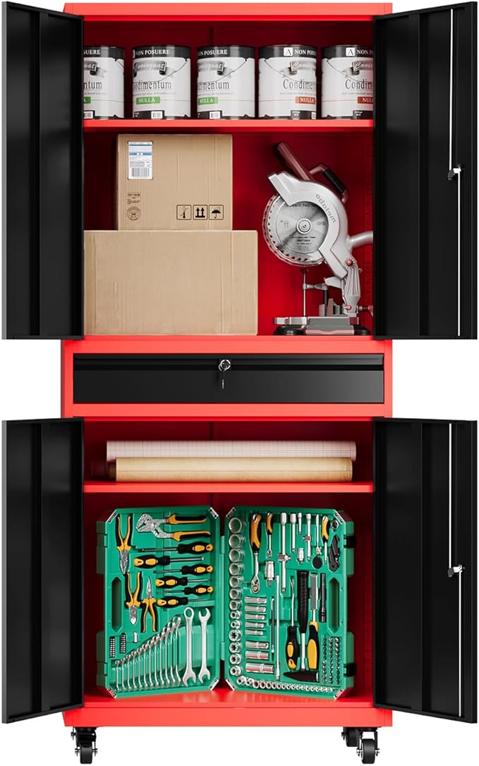 73" Metal Cabinet-Black & Red Heavy Duty Rolling Storage Cabinet Steel Tool