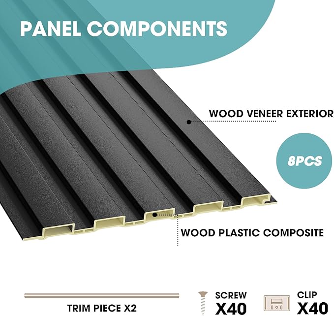 OUZUGIE WPC Acoustic Slat Wall Paneling, Living Room, TV Background, Study Room (8-Pack)