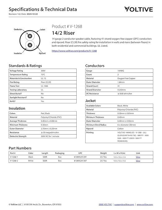 Voltive 14/2 Speaker Wire, Riser CL3R, 500ft