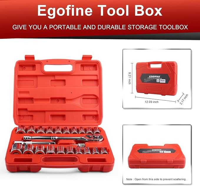 Egofine 1/2" Drive Socket Set, 23 Piece Standard SAE and Metric 6 Point