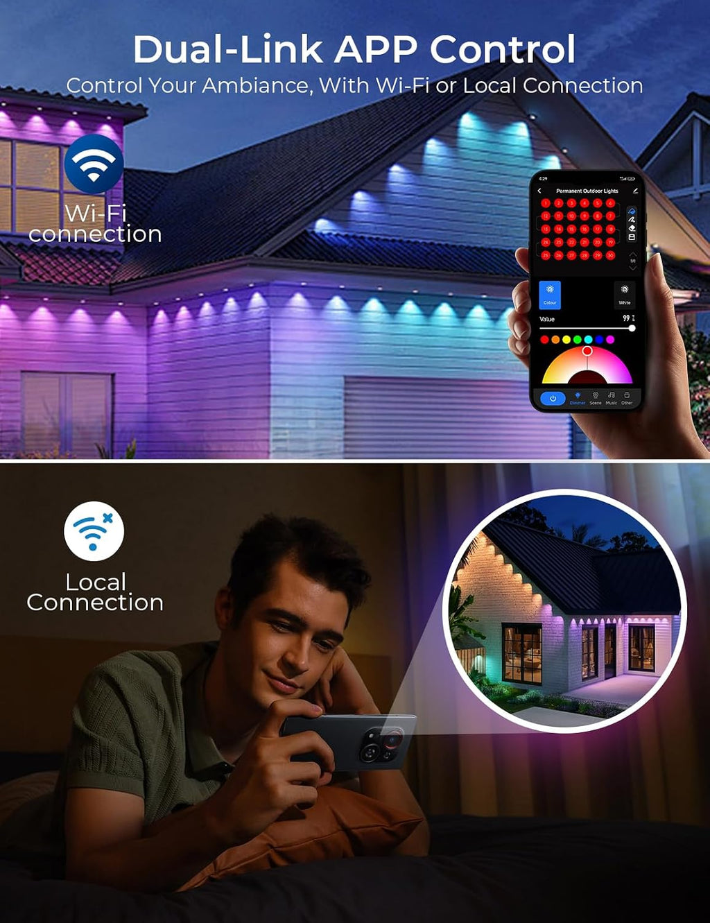 CINOTON Permanent Outdoor Lights 150ft, Smart RGBW+IC Eaves Lights with 90LEDs, IP67 Waterproof, 111 Scene Modes for Daily and Festival, Halloween Christmas Holiday Decor, APP/Voice/Remote Control