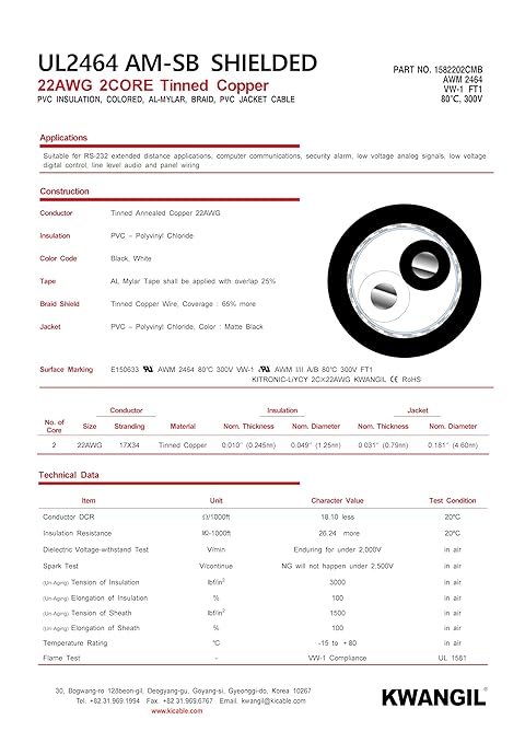 KWANGIL 2C 22AWG AMSB Shielded Cable Wire