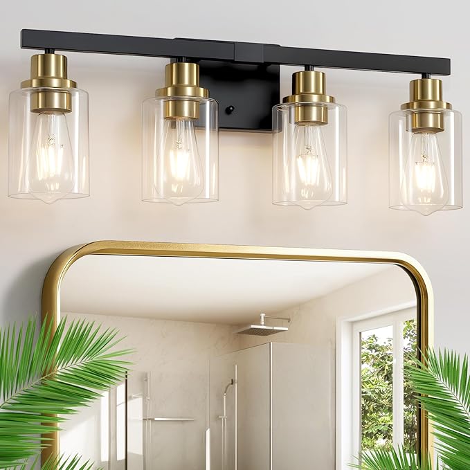 DIKAIDA Bathroom Vanity Light, 4-Light Black and Gold Bathroom Light Fixtures