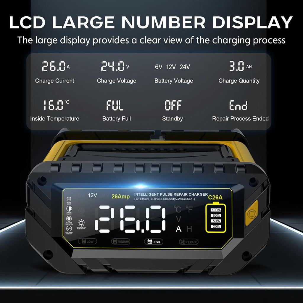 26A 6V/12V/24V Smart Battery Charger – Automatic Maintainer, Trickle Charger & Desulfator with Overcharge Protection & Temperature Compensation – for Lead-Acid (Wet, Gel, AGM) & Lithium(LiFePO4)