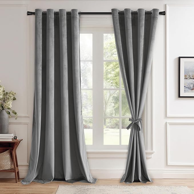 JIUZHEN Grey Velvet Curtains 72 inches Blackout Curtains