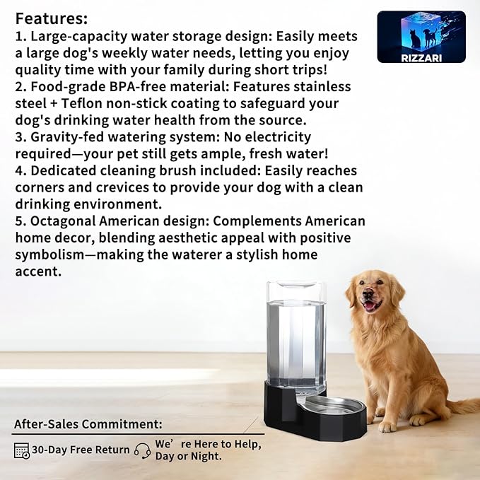 Sfozstra Large Dog Water Dispenser: 9L Gravity Black Gravity Water Feeder