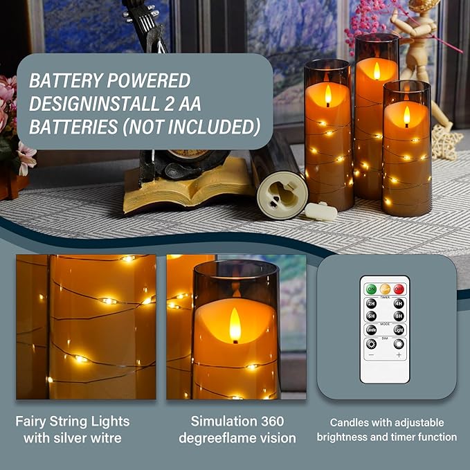 Flameless Candles with Embedded Star String, Battery Operated LED Pillar (Set of 9)