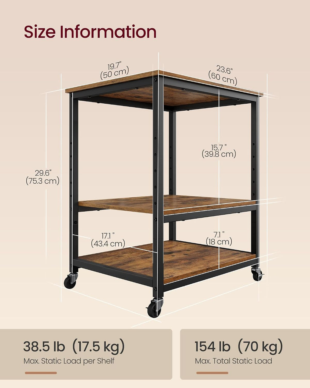 VASAGLE 3-Tier Printer Stand with Locking Wheels, Under Desk Printer Table
