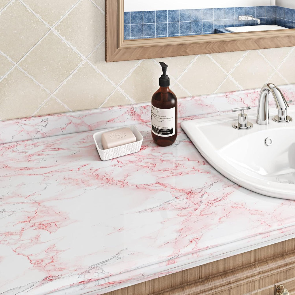 Livelynine 24x197 Marble Contact Paper Peel and Stick Countertops Waterproof Hot Pink Marble Wallpaper for Walls Bedroom Shower Bathroom Wall Paper Decor Kitchen Vinyl Wrap Shelves Counter Desk Cover