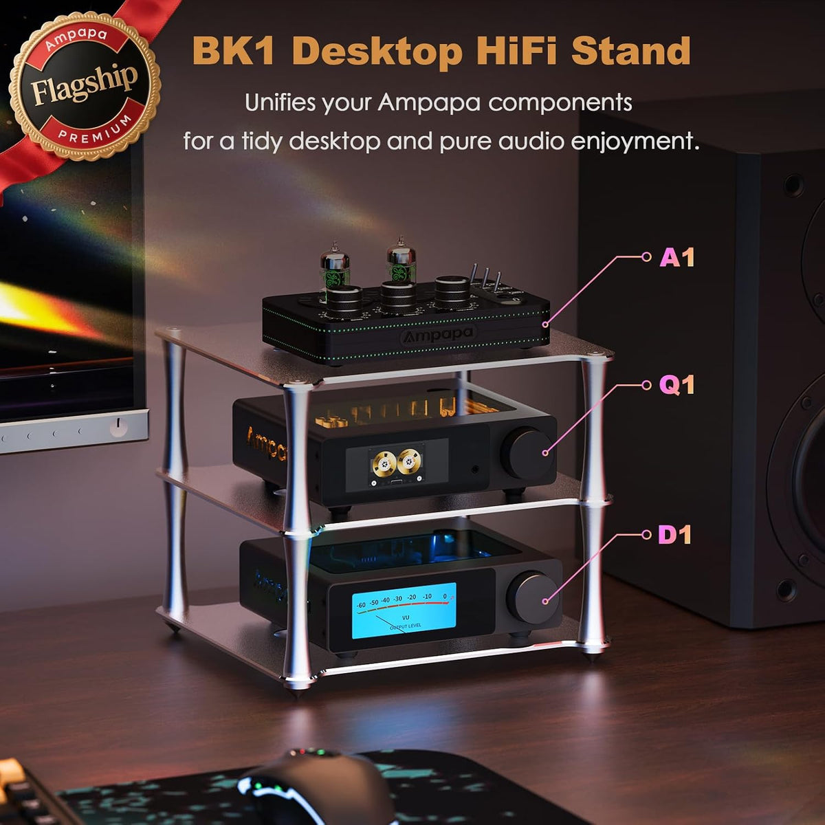 BK1 Desktop HiFi Stand: Aluminum Audio Rack A1 D1 Q1 Amplifier DAC Preamp with Passive Cooling Modular Stack Design for Home Desk Setup