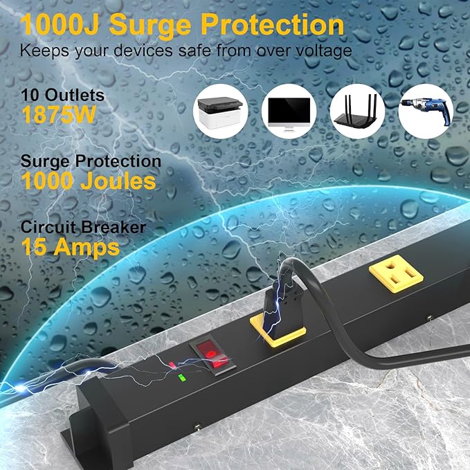 10 Outlet Surge Protector, Long Metal Wide Spaced Garage Industrial Power Strip (2Pack)