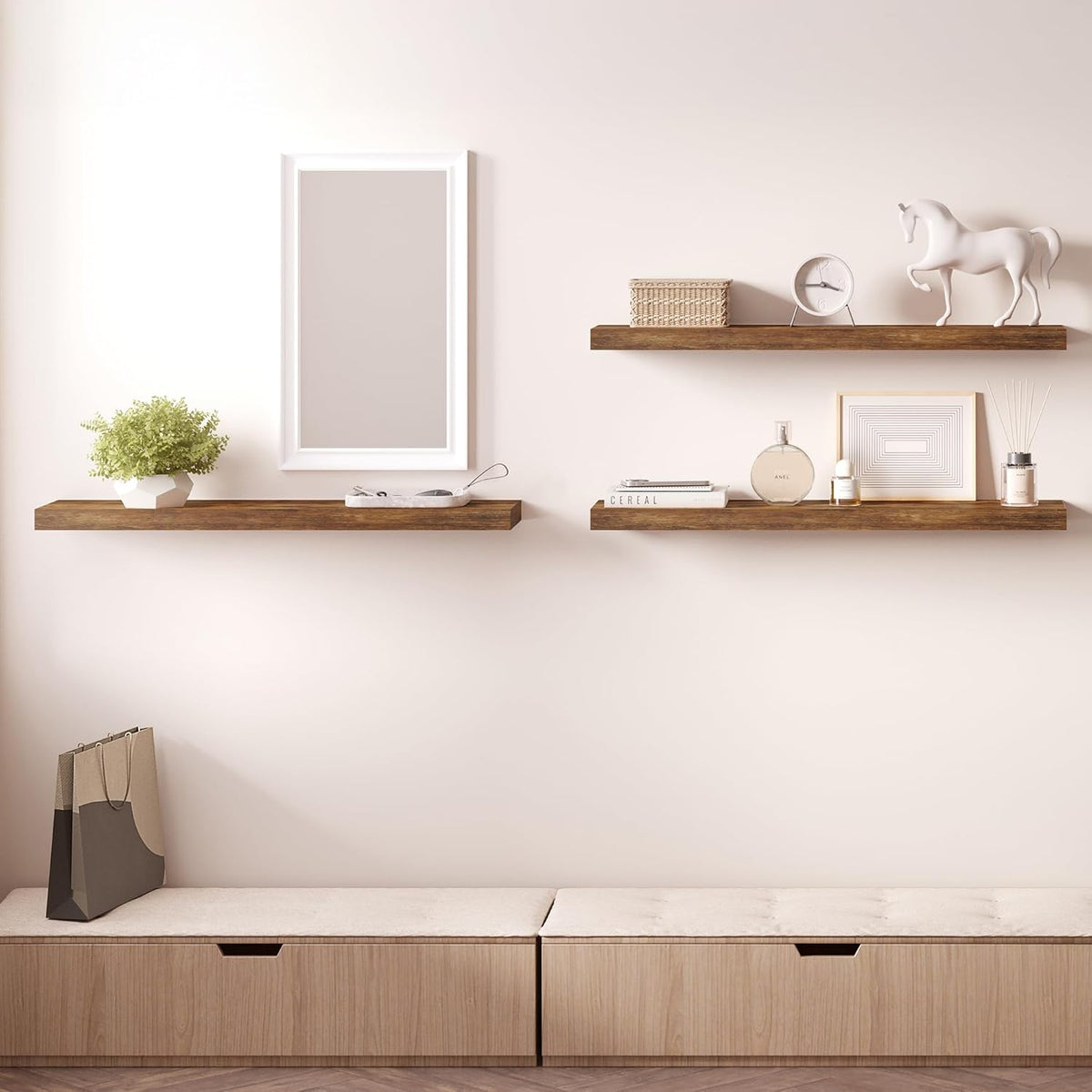 Ballucci Floating Shelves, 36" Long Wall Shelf, Set of 3, Wood Floating Shelves for Wall, Decorative Wall Shelves for Home Office, Living Room, Room Décor, 8" Deep, Set of 3, Rustic Brown