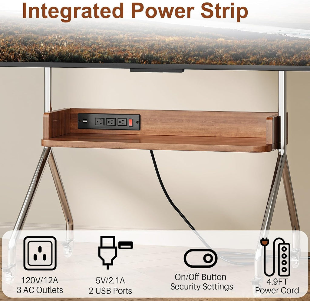 Rolling TV Stand with Power Outlet & Wooden Shelf,Stainless Steel Mobile TV Carts for 32-75 Inch TVs up to 110 lbs,Height Adjustable Portable TV Stand with Wheels for Home Office,Max VESA 600x400mm