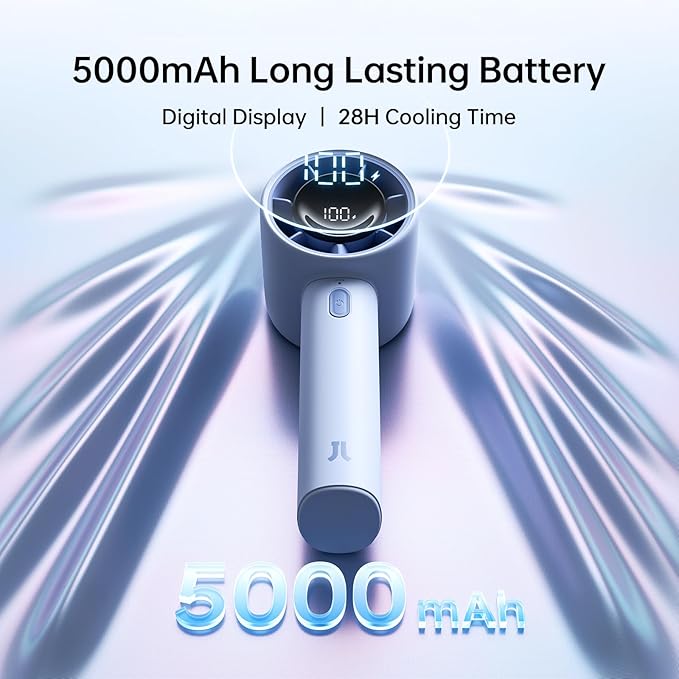 JISULIFE Handheld Turbo Fan, 5000mAh Rechargeable Portable Fans, 5 Speed Strong