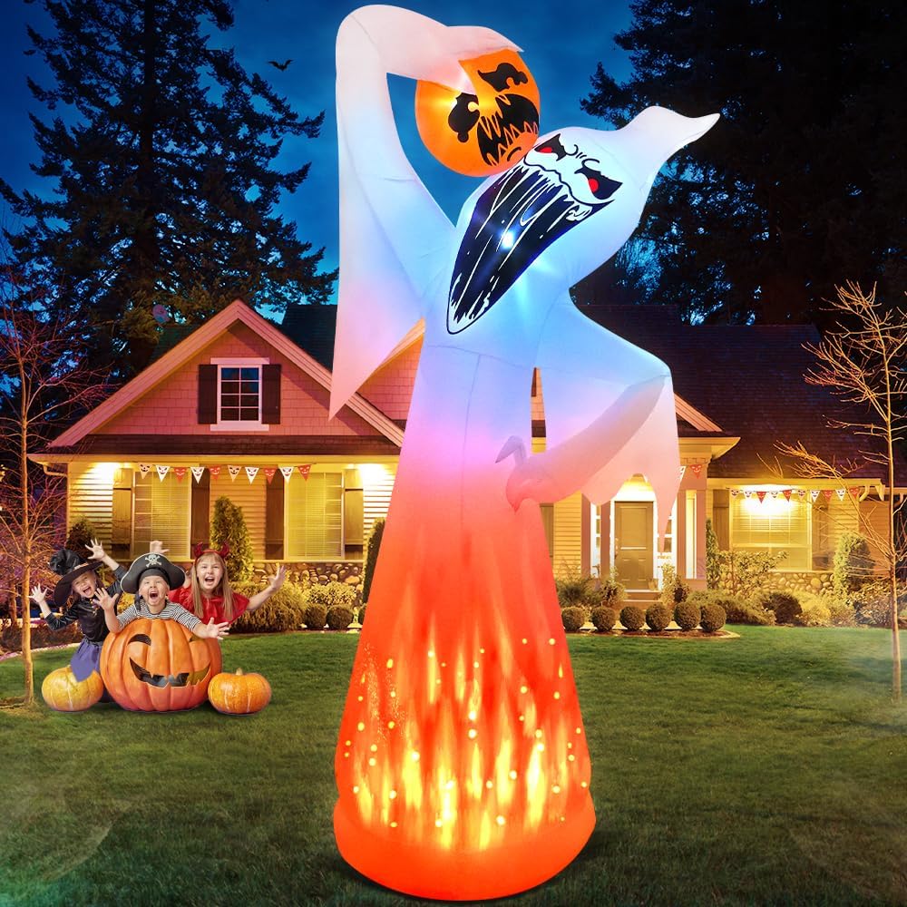 10 FT Halloween Inflatables Ghost with Pumpkin Decoration, Built in Flame Rotation LEDs Huge Halloween Inflatable Large Spooky Blow Ups Halloween, Party, Indoor, Outdoor, Garden, Yard Lawn