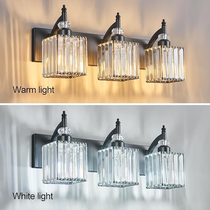 BBLLWJ Modern Bathroom Vanity Light 3-Light Black Crystal Light Fixtures Over
