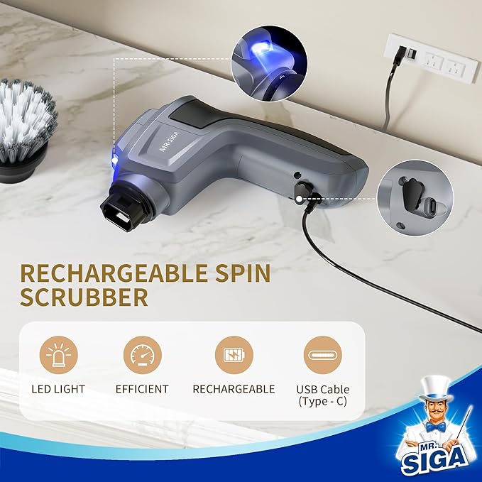 MR.SIGA Electric Spin Scrubber for Kitchen and Bathroom Cleaning, Waterproof