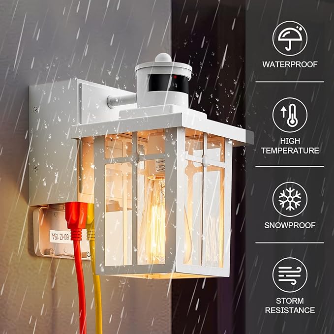 2 pack Porch Lights with GFCI Outlet, Dusk to Dawn Motion Sensor Outdoor Lights