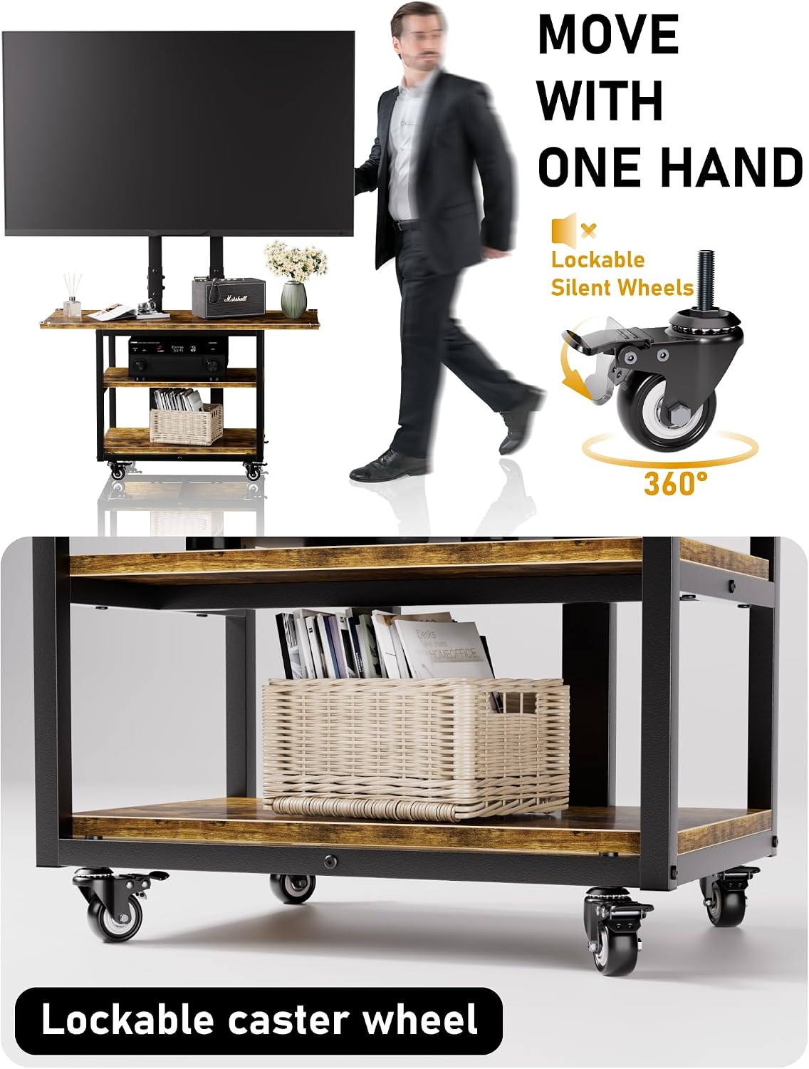 Heavy Duty Mobile TV Cart with 3-Tier Shelves, Height Adjustable Rolling TV Stand for 32-75 inch TVs up to 150 lbs, Portable TV Stand with Wheels for Home & Office, Max VESA 600×400mm(Retro)