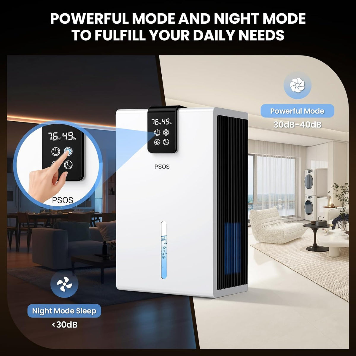 PSOS Dehumidifier, Dehumidifiers for Home, 98 OZ Water Tank, (1000 sq.ft) Quiet Dehumidifier for Basement Bathroom Bedroom with Humidity Display, Auto Shut Off, Relaxing 7 Color Ambient Light(White)