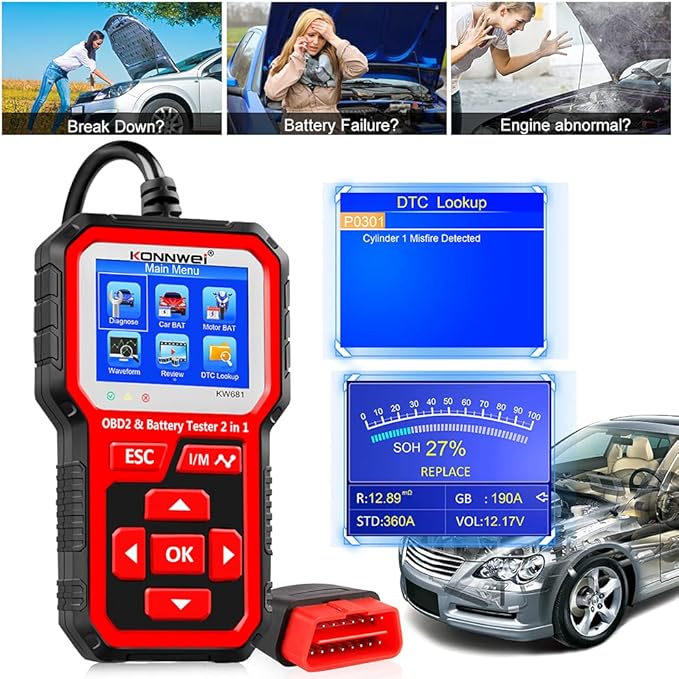 KONNWEI KW681 OBD2 Scanner 6V 12V Car Battery Tester, 2 in 1 Car Diagnostic