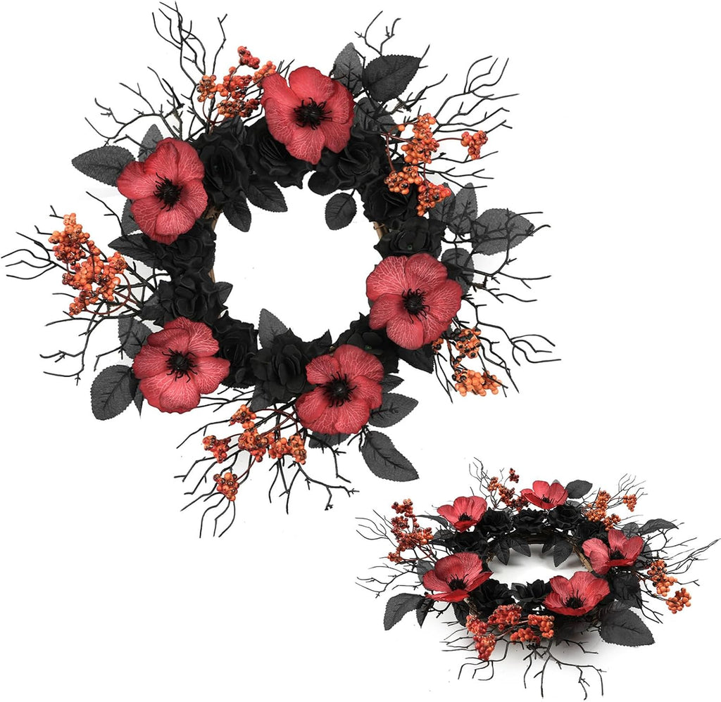 TEMPUS Halloween Wreath Set, 18 Inch, Black Rose and Poppy Berry, Handmade, for Front Door, Mantel, Window, Indoor Fall Decor, 2 Pack