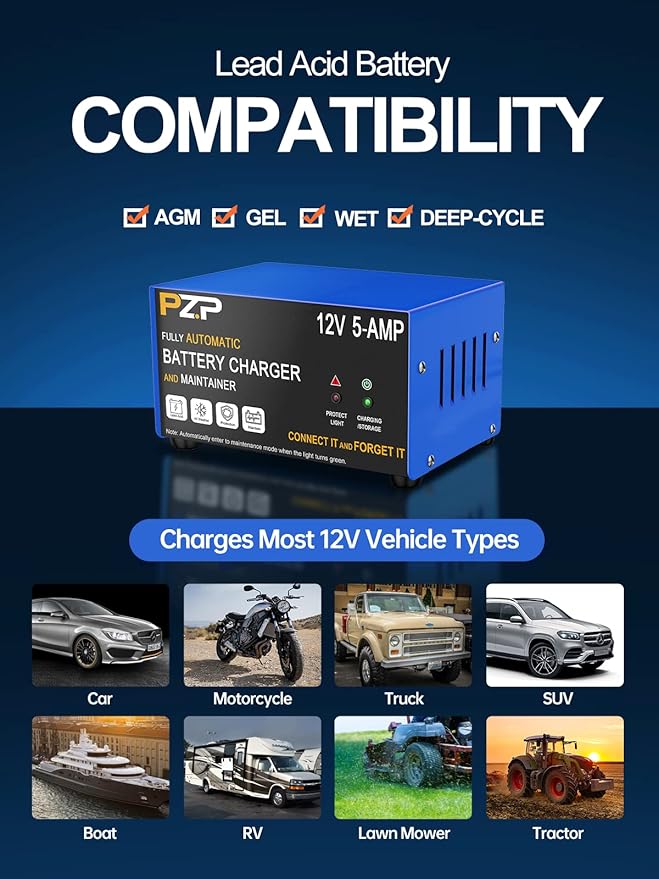 12v Smart Car Battery Charger, 5Amp Fully-Automatic Trickle Charger, Battery