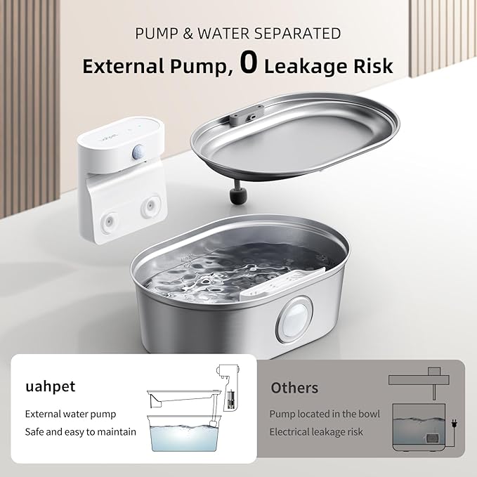 uahpet Wireless Cat Water Fountain Stainless Steel Pro, External Pump Battery