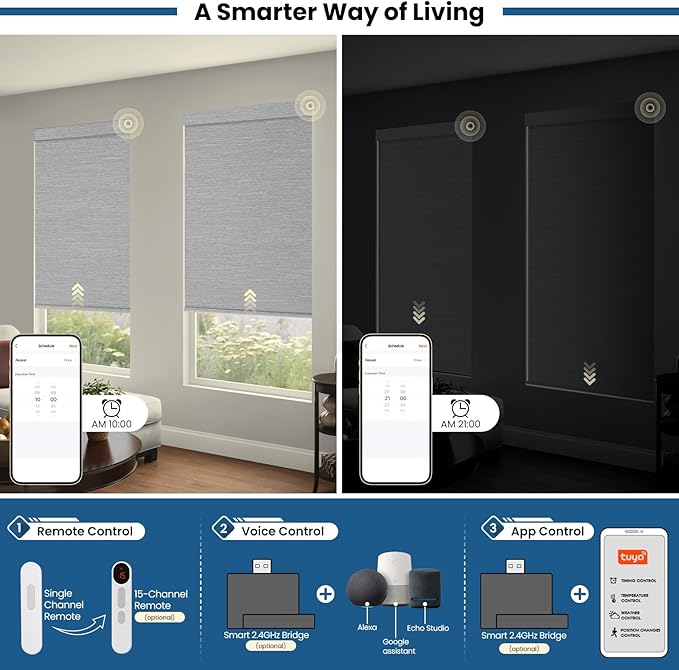 No Drill Motorized Blinds with Remote, Cordless Smart Electric Roller Shades