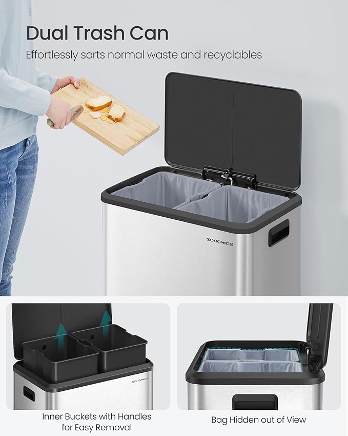 SONGMICS Trash Can, 2 x 8 Gallon Double Garabge Can