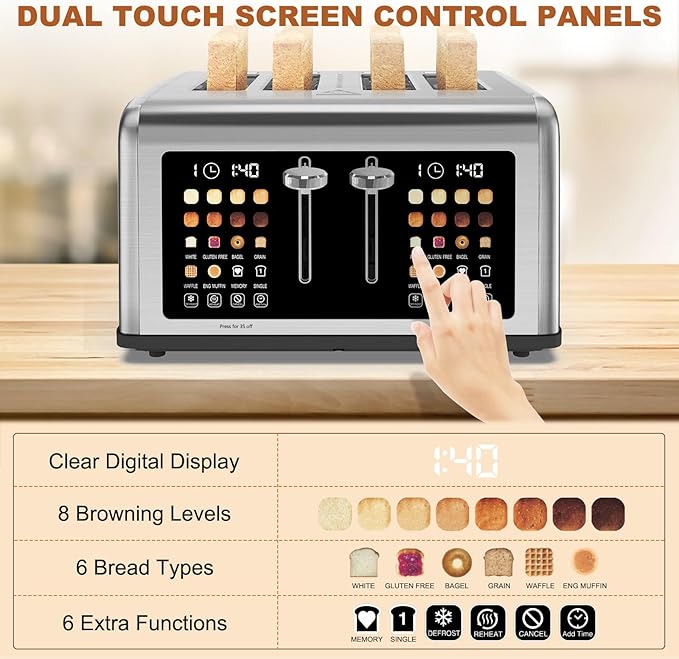 4 Slice Toaster Touch Screen, Stainless Steel Toasters Digital Timer, Dual