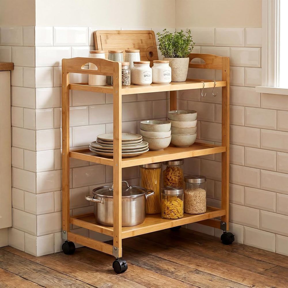 GIANTEX 3-Tier Rolling Storage Cart, Bamboo Utility Cart w/ 3 Side Hooks &amp...