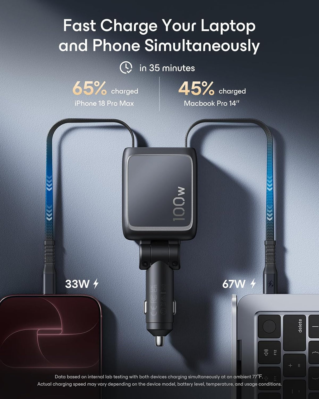 esr xtend 100w retractable car charger with avs, side view