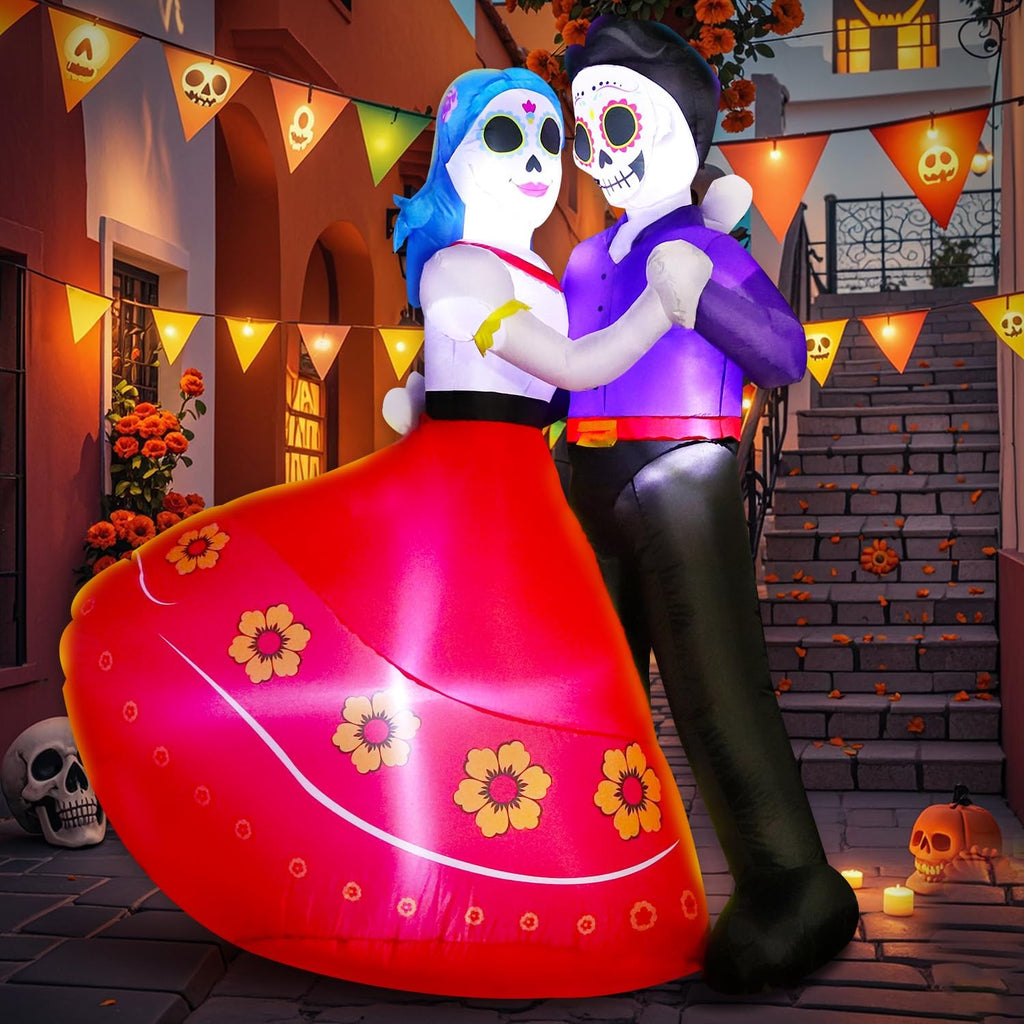 DomKom Halloween Inflatable Blow Up Decorations, Dia de Los Muertos 6FT Day of Dead Catrina Sugar Skull Couple Dancing, Built-in LEDs for Holiday Party, Garden, Lawn, Yard, Patio Décor