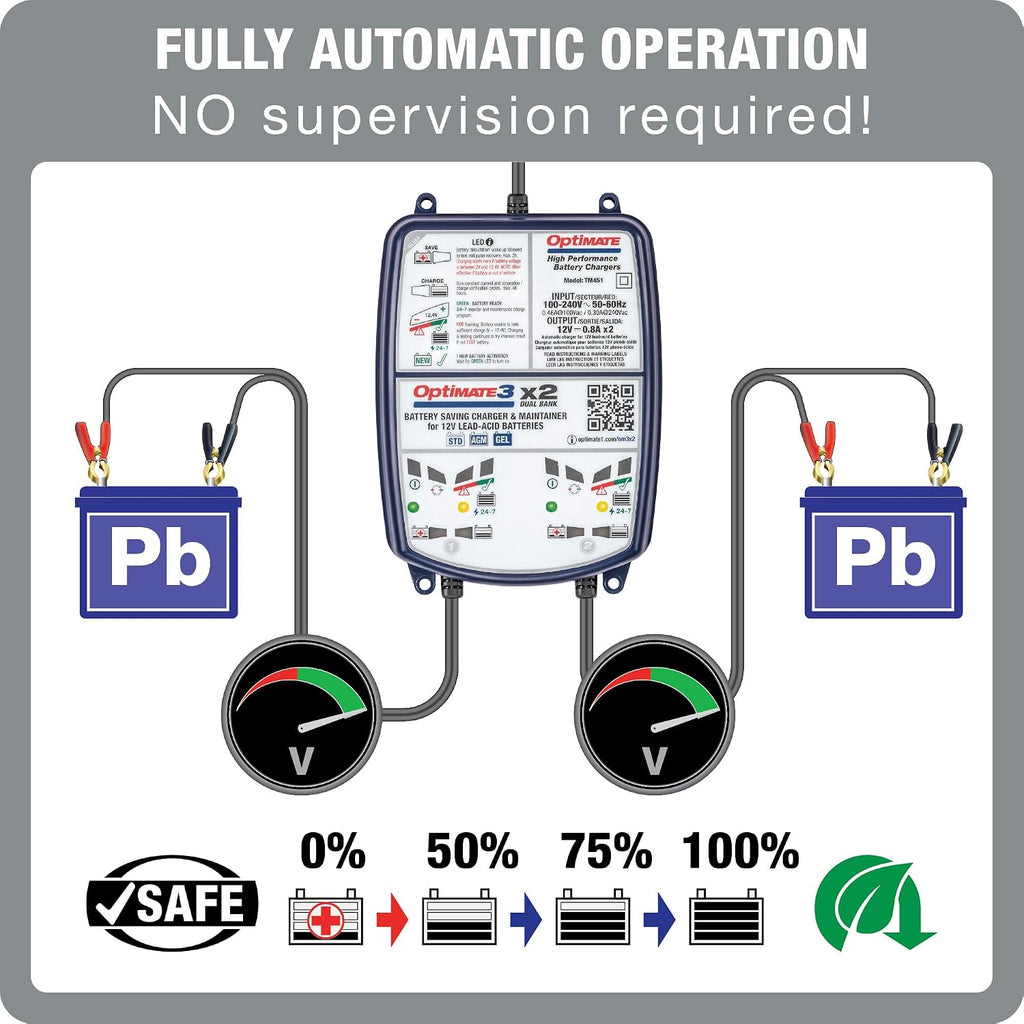 Optimate 3 Dual Bank, TM-451, 7-Step 2x12V 0.8A Sealed Battery Saving Charger & maintainer
