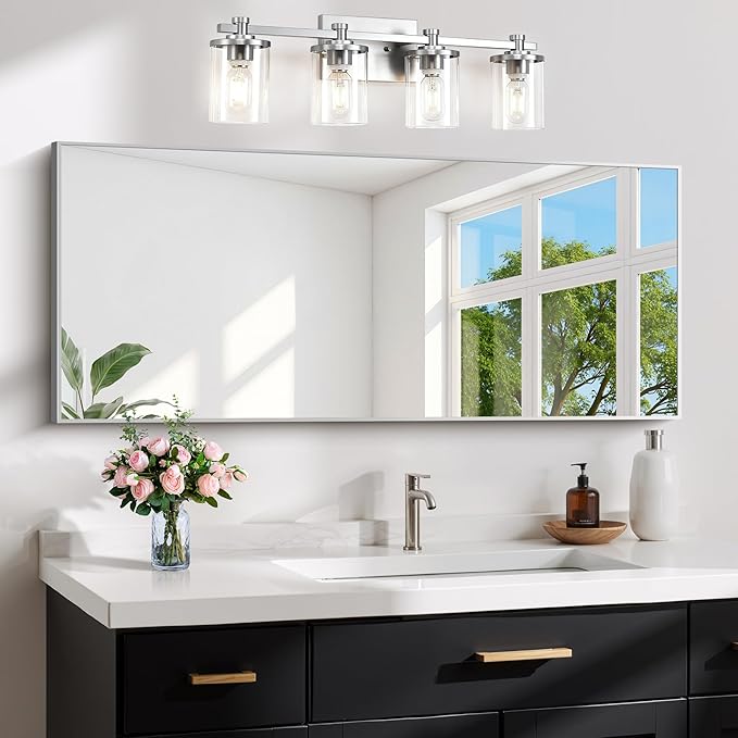 48x24In Silver Bathroom Mirror for Wall, Brushed Nickel Rectangle Mirrors