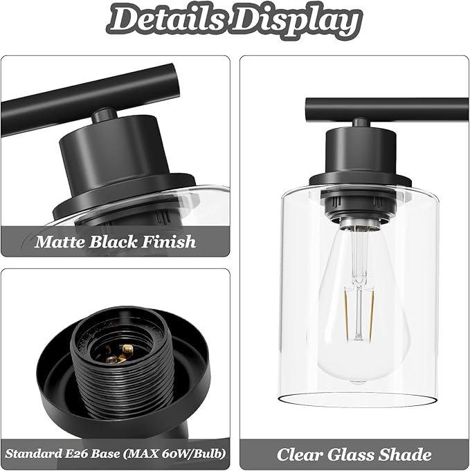 Guliaofo 3-Light Black Vanity Lights, E26 Modern Bathroom Light Fixtures