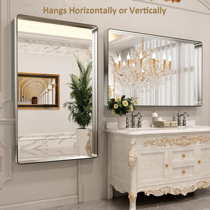 LOAAO 60X36 Inch Brushed Nickel Bathroom Mirror, Rounded Rectangle Silver Metal