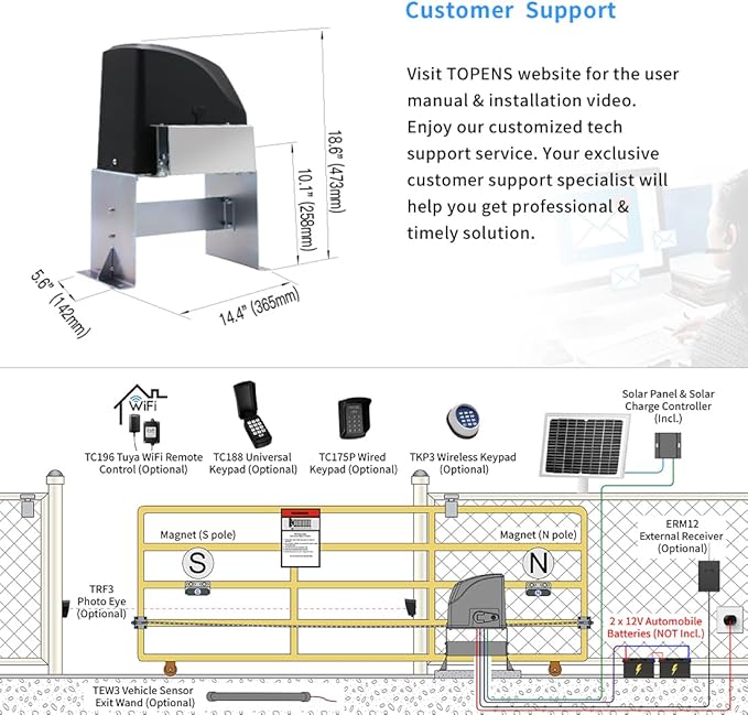 TOPENS DKC500S Solar Sliding Gate Opener Chain Drive Automatic Gate Motor