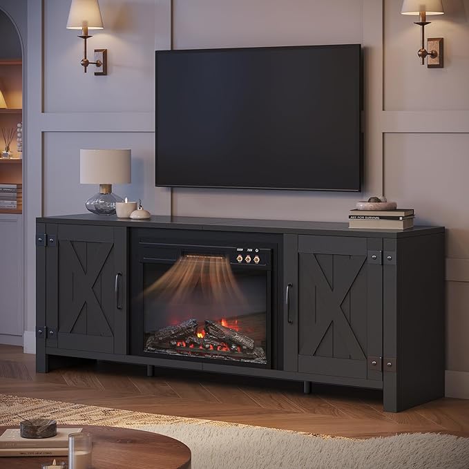 Bestier 63" Fireplace TV Stand for TVs Up to 70", Farmhouse Barn Door