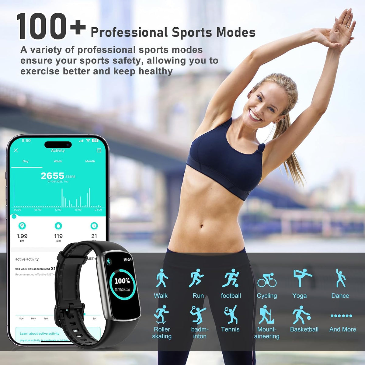 fitness tracker with 24/7 heart rate, blood oxygen shown in use