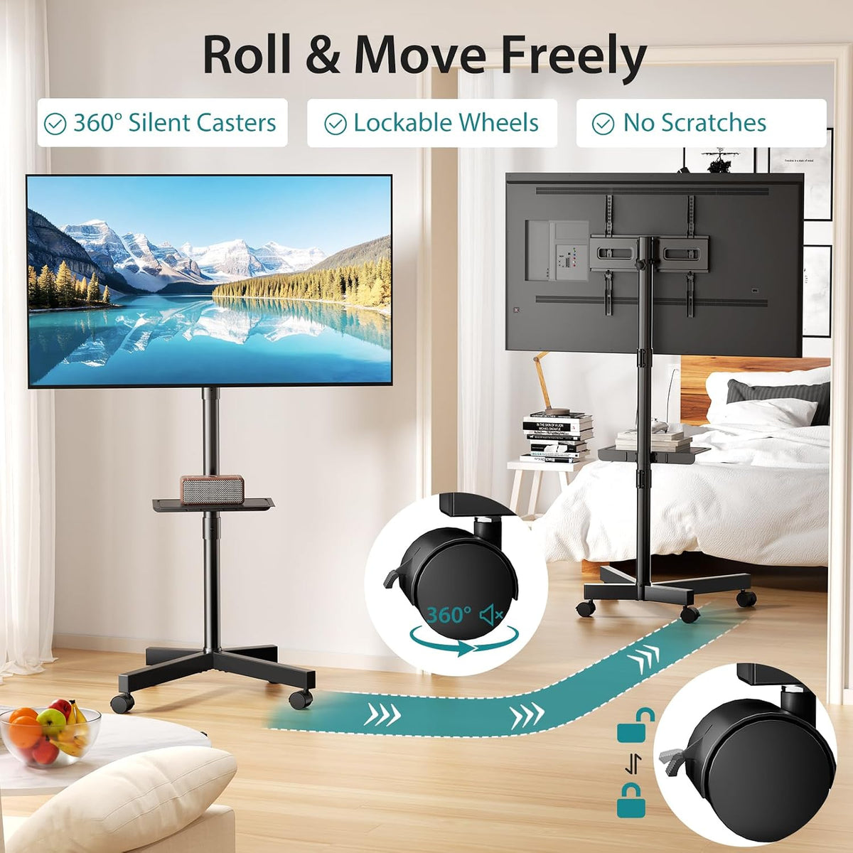 olixis rolling tv stand with wheels, portable tv on a desk or shelf