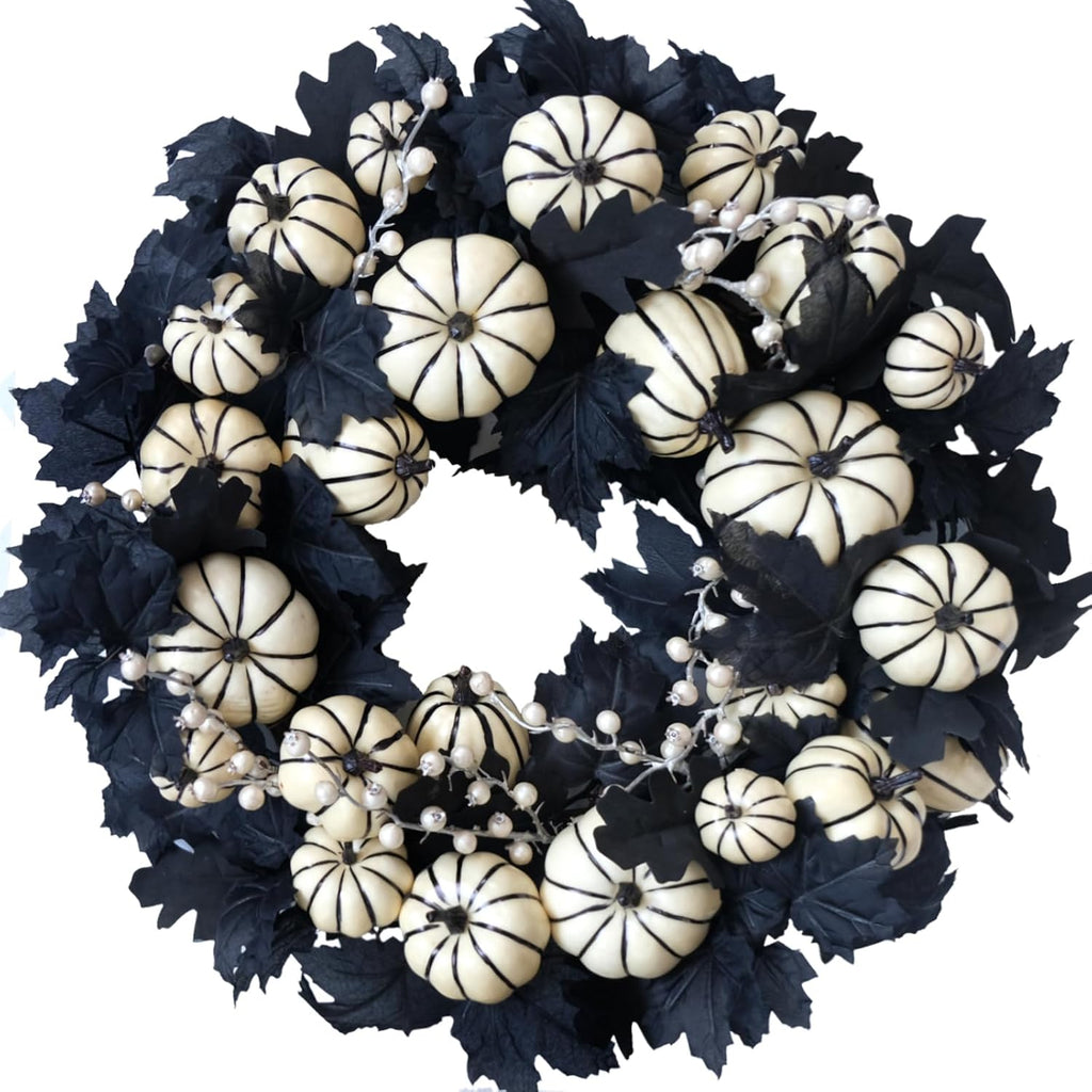 22inch Halloween Wreath Black Maple Leaf Wreaths White Pumpkin Wreath Holiday Decoration Party Party Celebration Wreaths Front Door Back Door Hallway Patio Decoration（White）