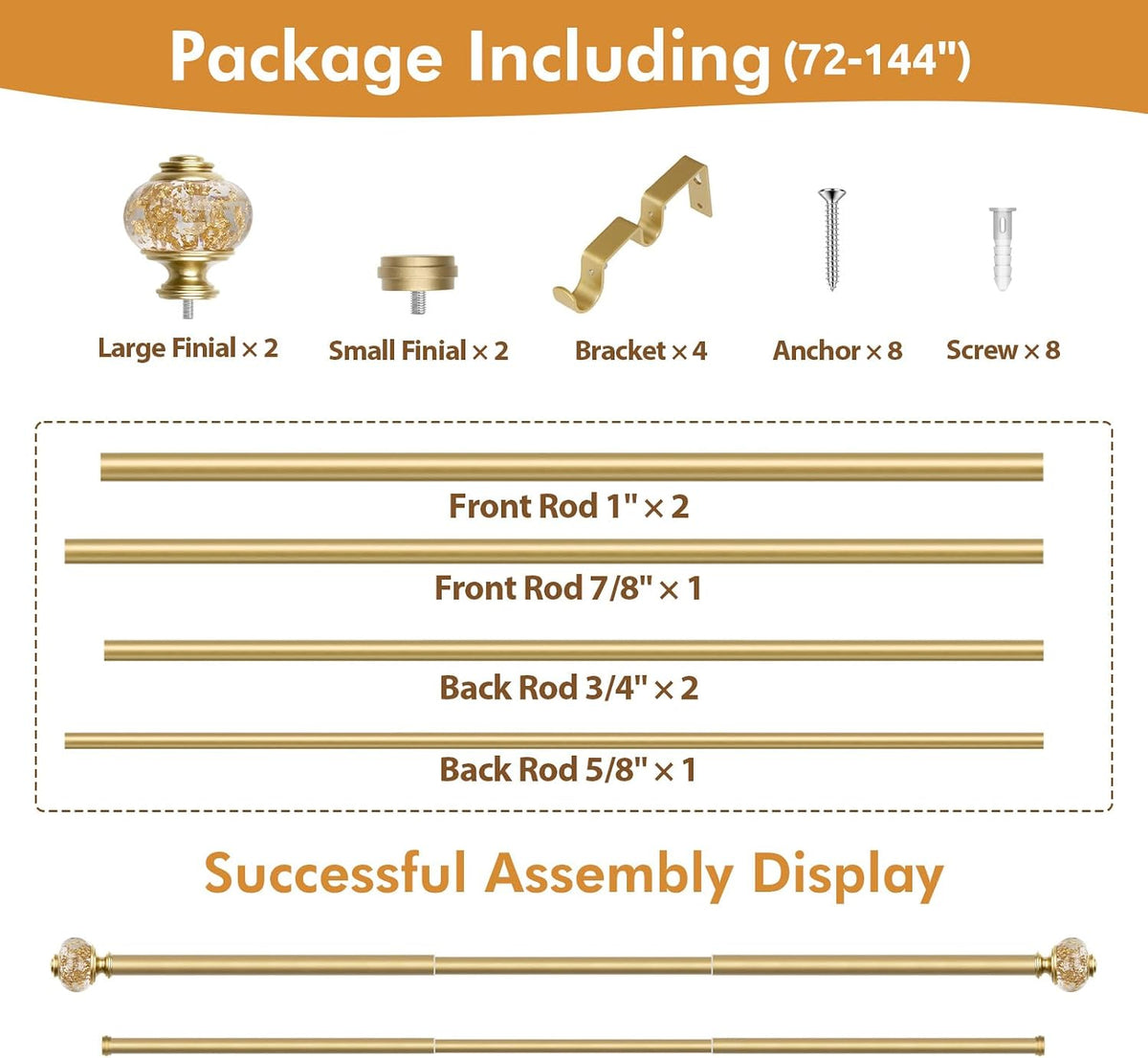 Double Curtain Rods for Windows 72 to 144, Luxury Gold, 1 Inch | Double Layer Window Treatment Rods, Decorative Crystal Ball Finials, Heavy Duty Adjustable Pole, Supports 33lbs, Easy Install