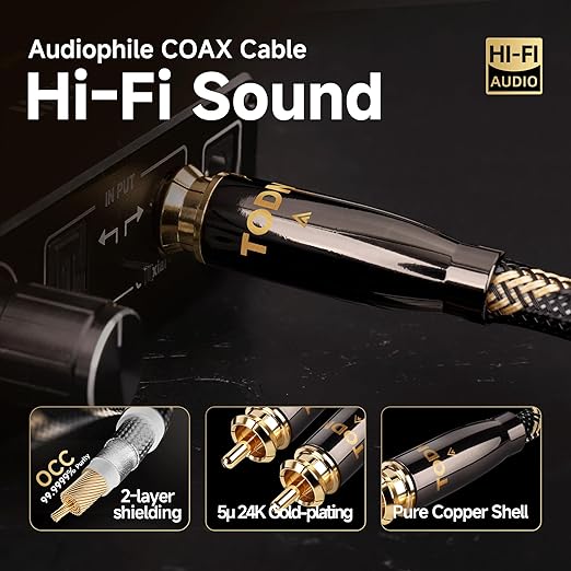 TODN Audiophile Digital Coaxial Cable HiFi SPDIF Coax Audio Cable 75-Ohm RCA