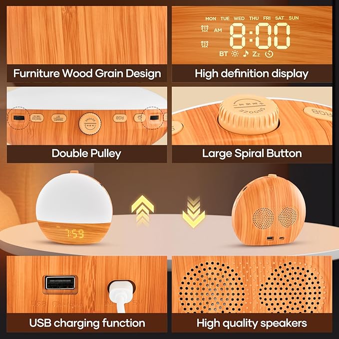 Sunrise Alarm Clock, Sound Machine, Wood Grain Dimmable Night Light