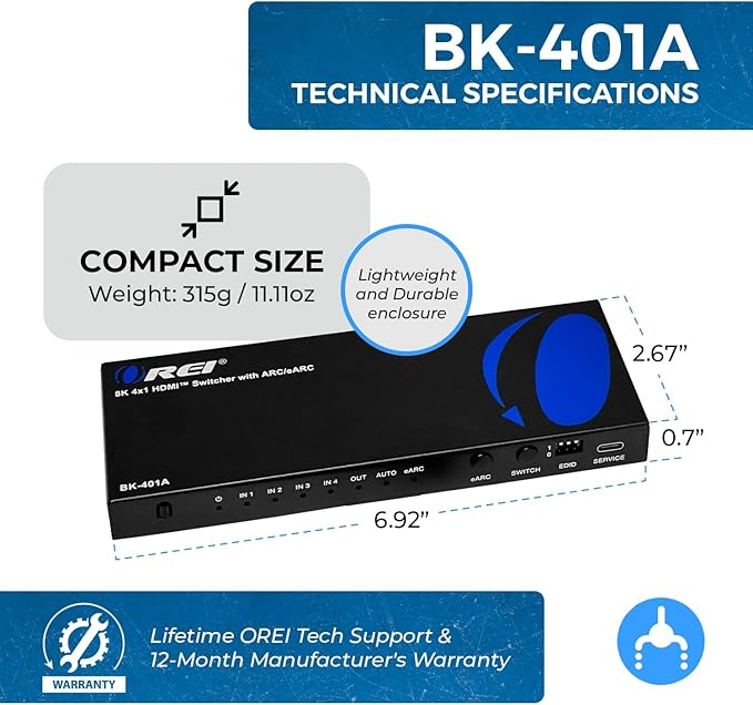 OREI 8K eARC HDMI 2.1 Switch 4x1, Switcher