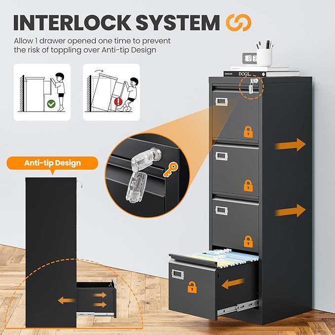4 Drawer File Cabinet with Lock, Metal File Cabinets
