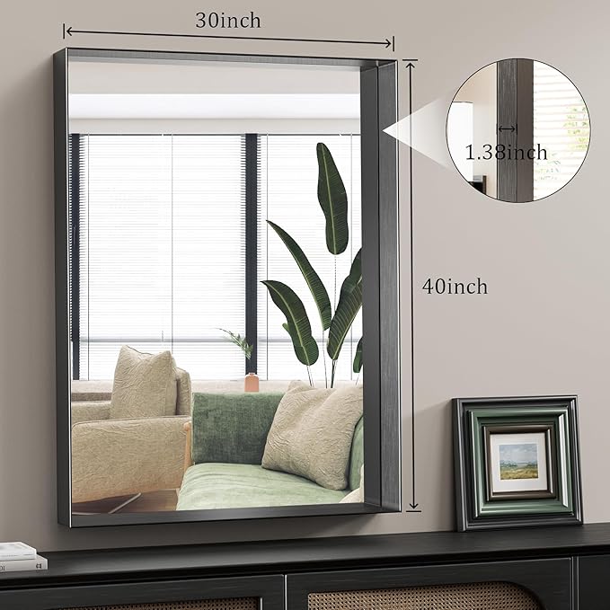 Koonmi 30x40 Inch Black Metal Framed Bathroom Mirror