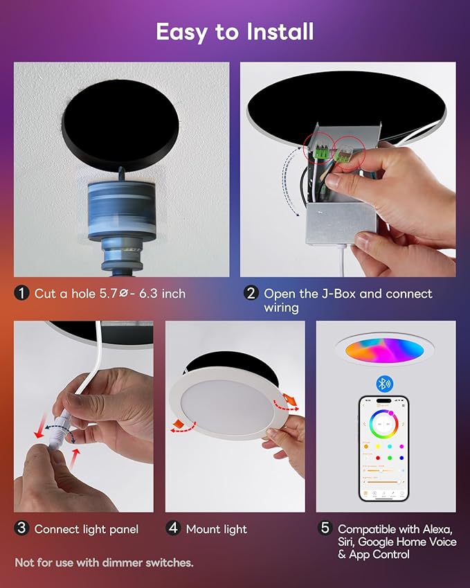 Smart Recessed Lighting 6 Inch, RGBCW Color Changing Canless Recessed Ceiling